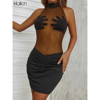 Summer Sexy See Through Mesh Dresses Fashion Casual Patchwork Clubwear Black